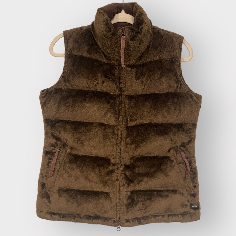 GUC Athleta Chocolate Brown Faux Fur Puffer Vest | Medium